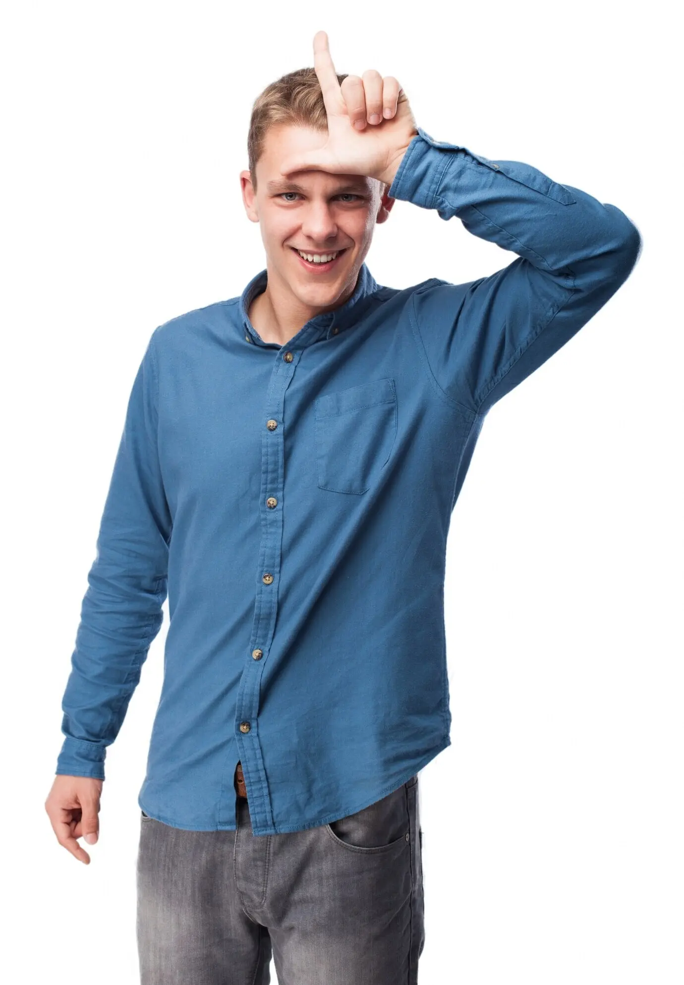 A man giving the loser gesture.